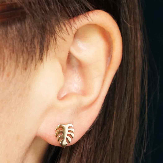 Gold Monstera Leaf Stud Earrings – Tropical Plant Design with Sterling Silver Posts