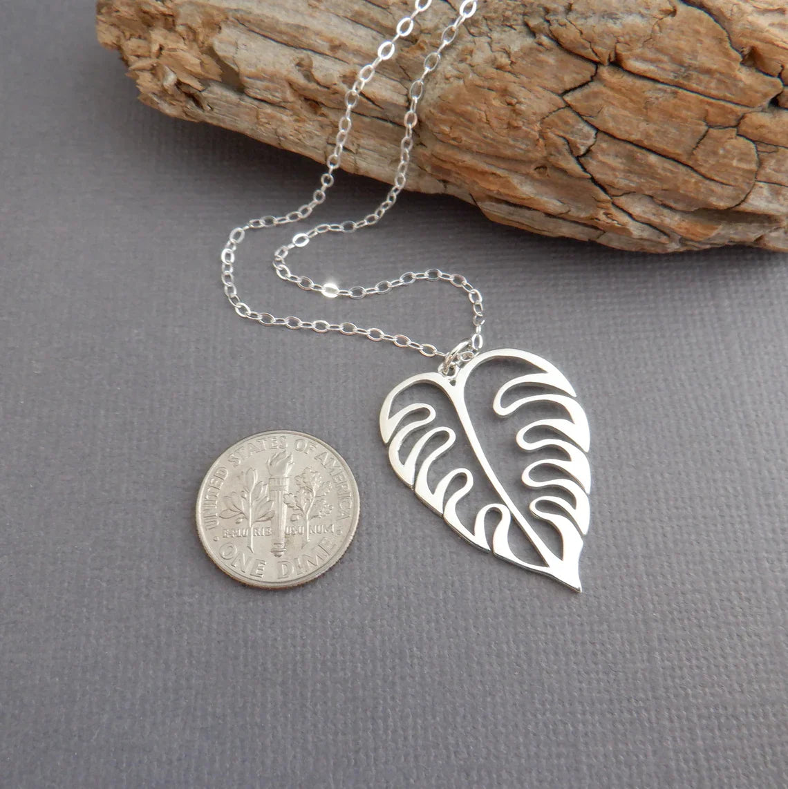 Monstera Leaf Necklace – Sterling Silver Tropical Plant Charm on 18" Chain