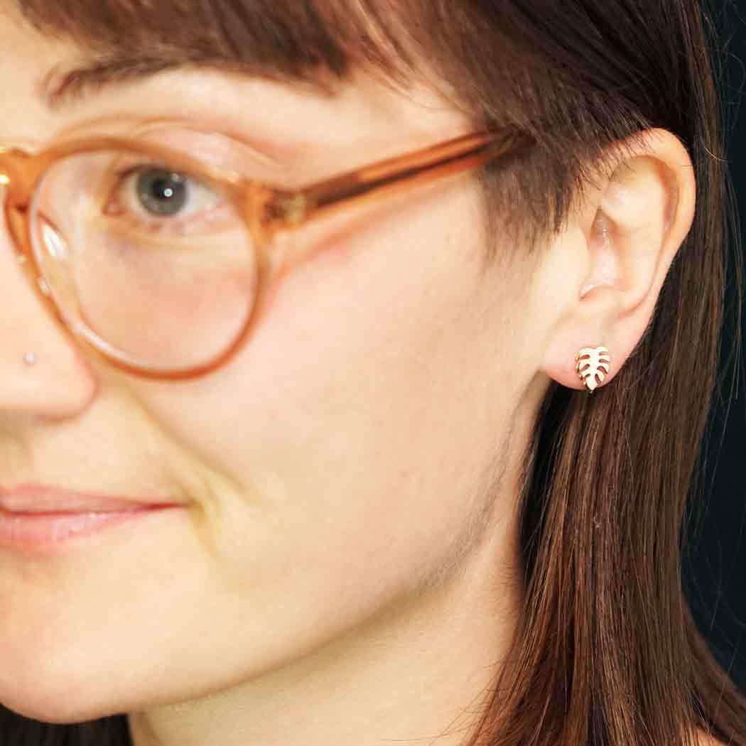 Gold Monstera Leaf Stud Earrings – Tropical Plant Design with Sterling Silver Posts