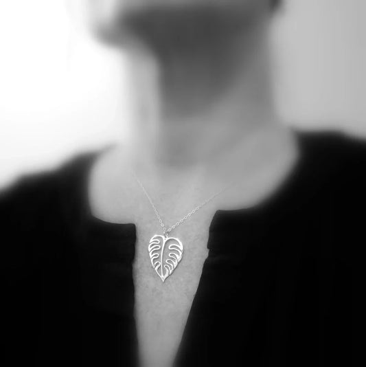 Monstera Leaf Necklace – Sterling Silver Tropical Plant Charm on 18" Chain