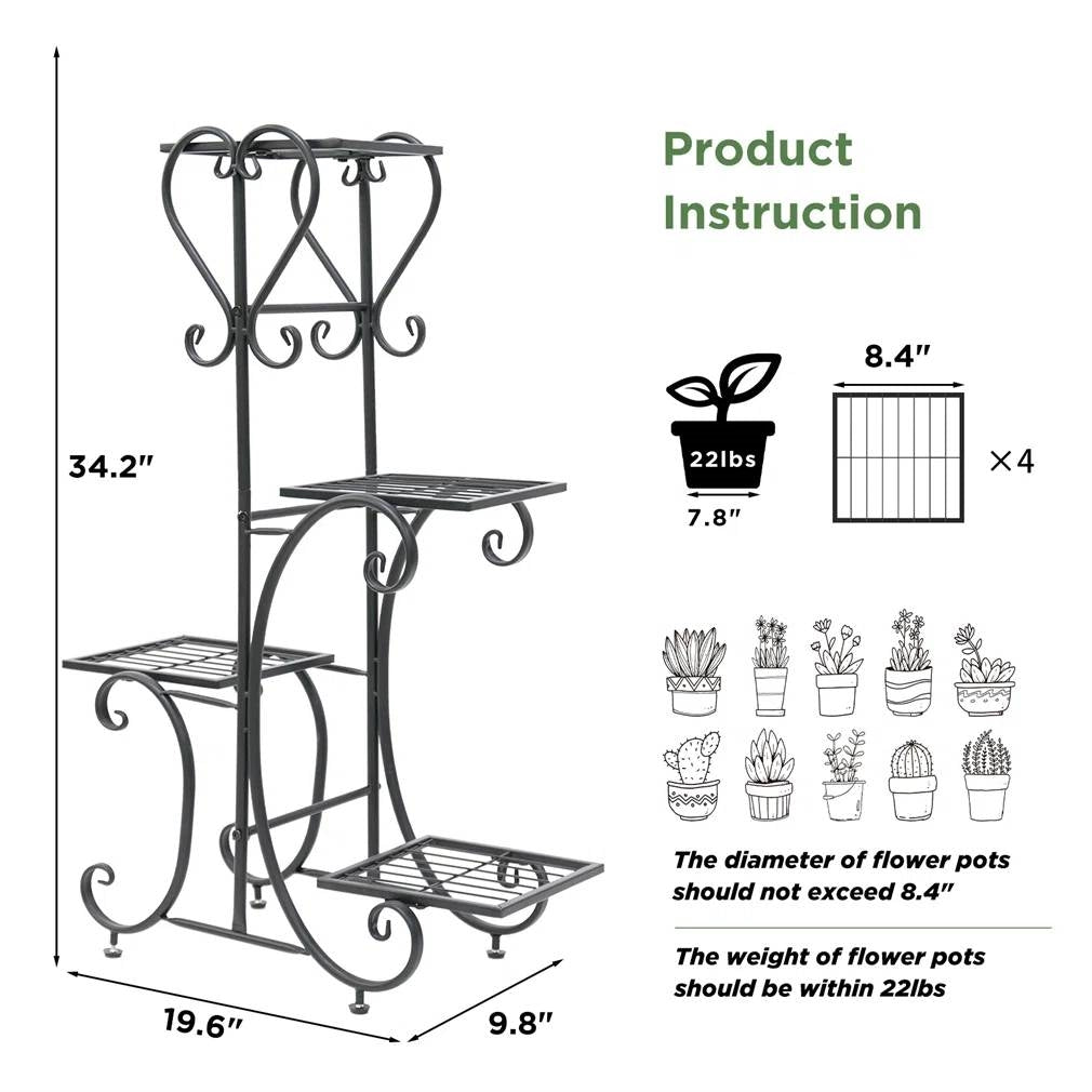 Elegant Black Metal 4-Shelf Plant Stand