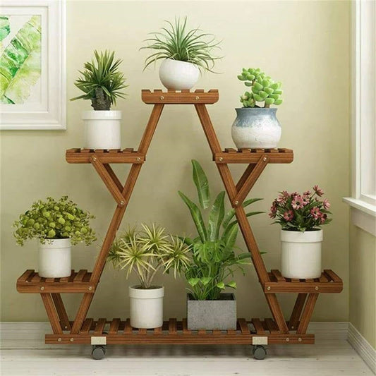 Indoor Outdoor Solid Wood Triangular Multi-Tier Plant Stand with Locking Wheels