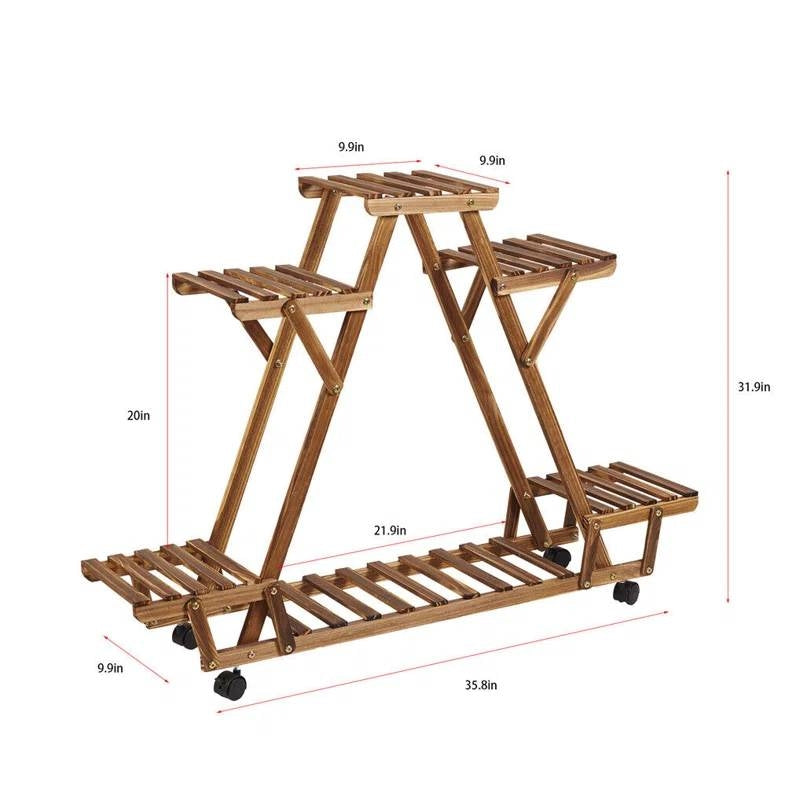 Indoor Outdoor Solid Wood Triangular Multi-Tier Plant Stand with Locking Wheels