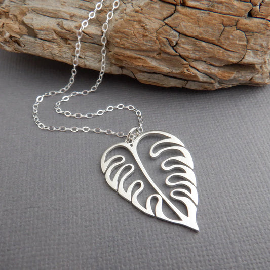 Monstera Leaf Necklace – Sterling Silver Tropical Plant Charm on 18" Chain