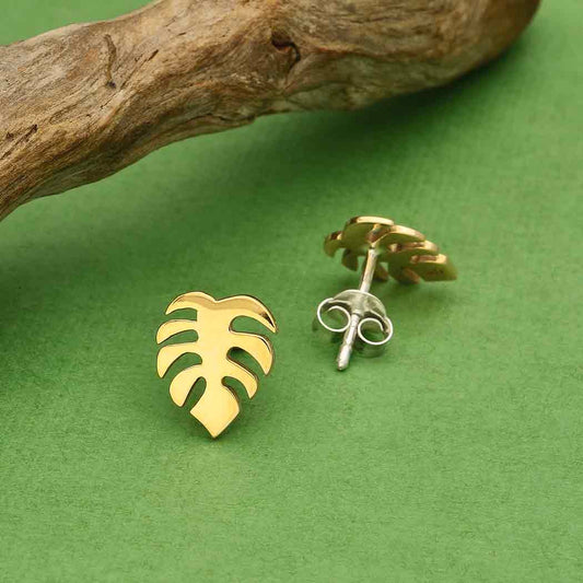 Gold Monstera Leaf Stud Earrings – Tropical Plant Design with Sterling Silver Posts