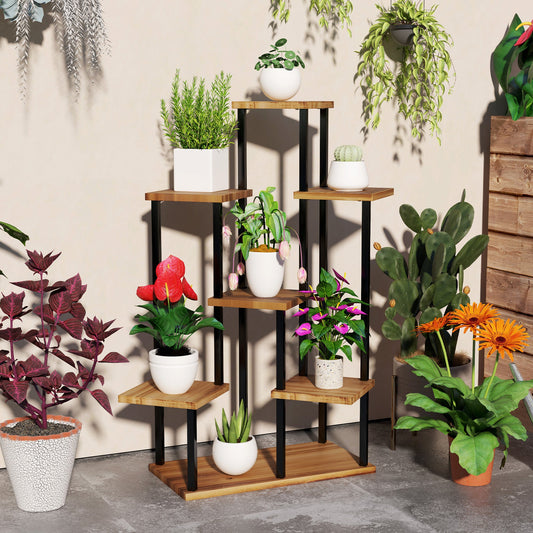 7 Tier Plant Stand Indoor Outdoor, Tiered Corner Steel Wood Plant Shelf for Multiple Plants, Tall Flower Stand Display Rack for Garden Patio Balcony Living Room, Carbonised Finish-1
