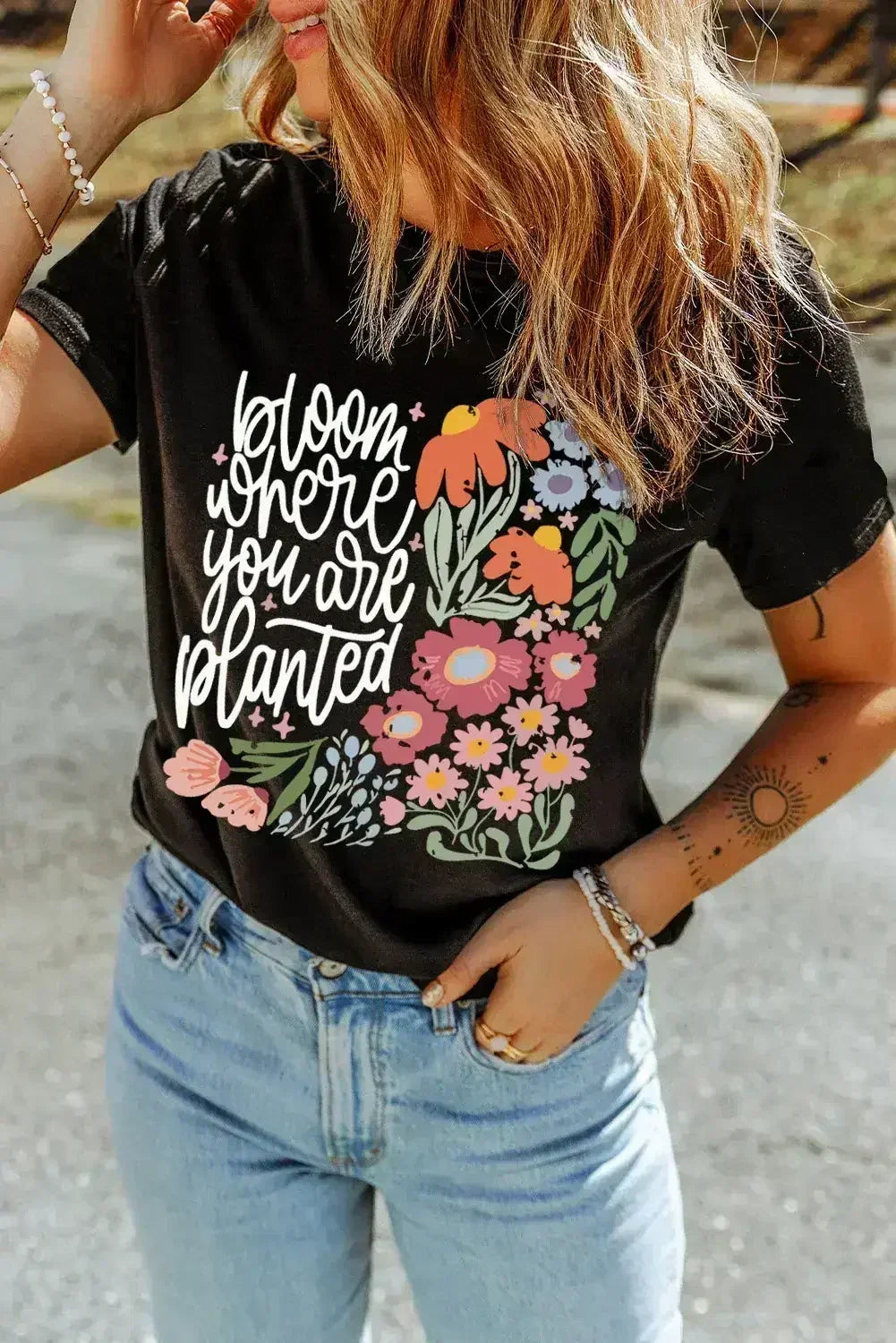 Black bloom where you are planted Floral Printed T Shirt