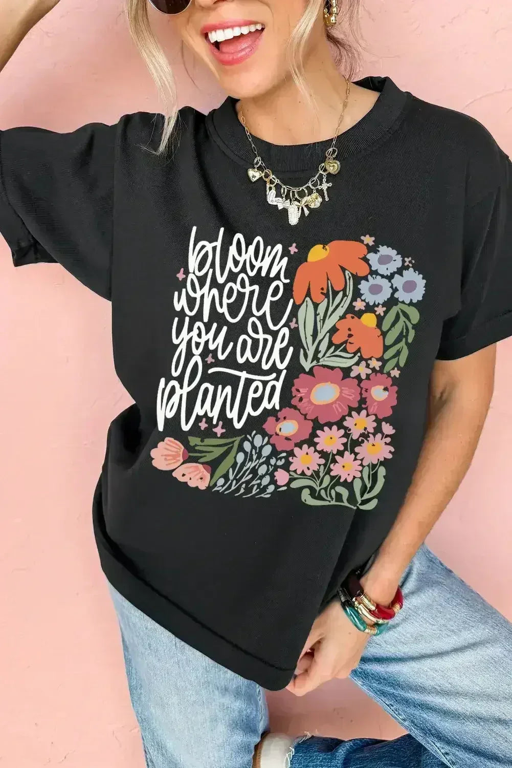Black bloom where you are planted Floral Printed T Shirt