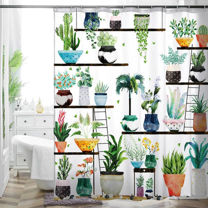 72-in. Watercolor Plants Botanical Floral Flower Pots Succulents Shower Curtain