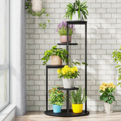 5-Tier Indoor Plant Stand with Black Metal Frame and Brown Wood Finish Shelves
