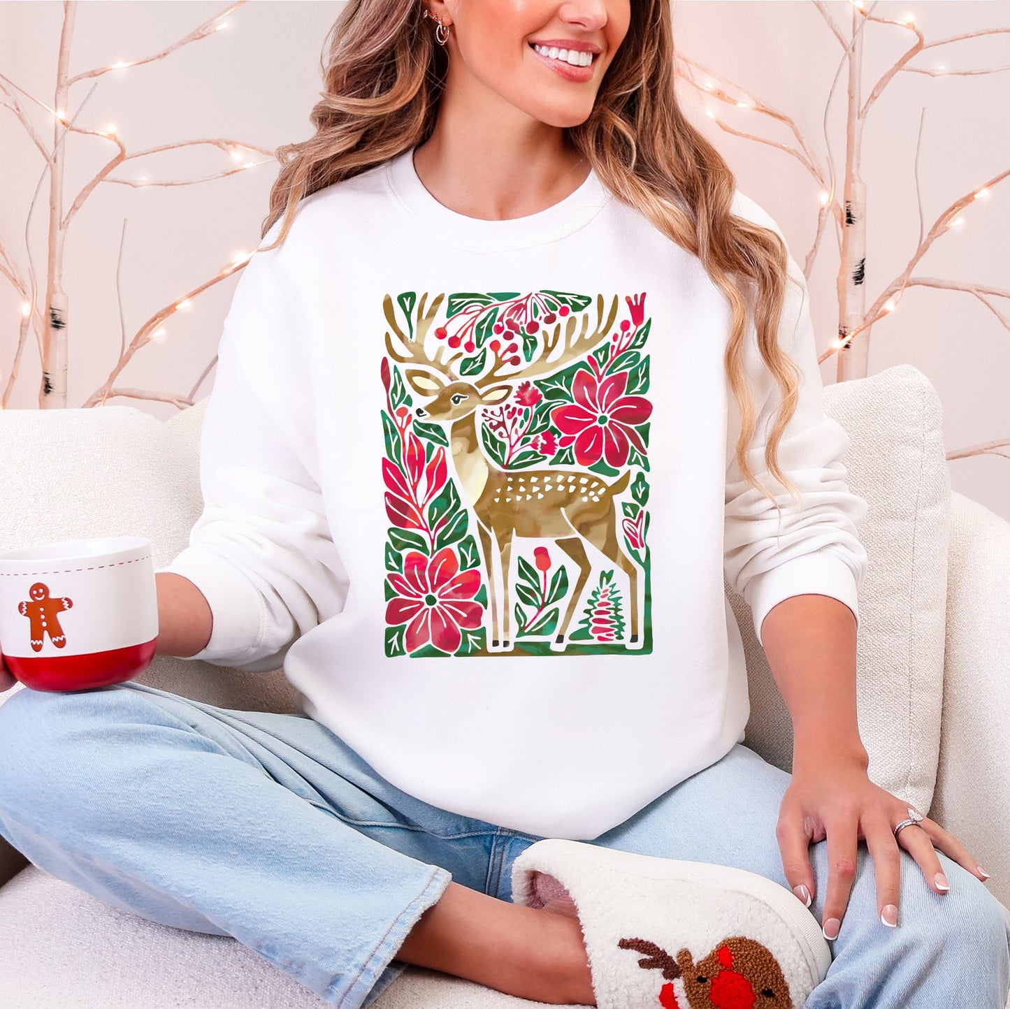 Christmas Deer, Colorful, Flowers, Santa, Snow Sweatshirt