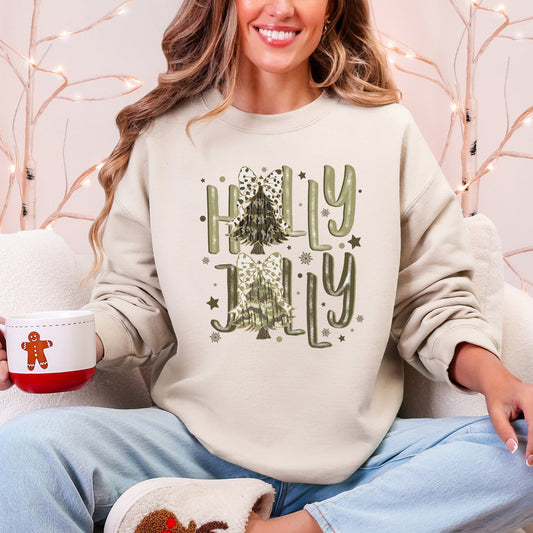 Holly Jolly, Camo Christmas Tree, Santa, Dalmatian Print, Ribbons, Bows Sweatshirt