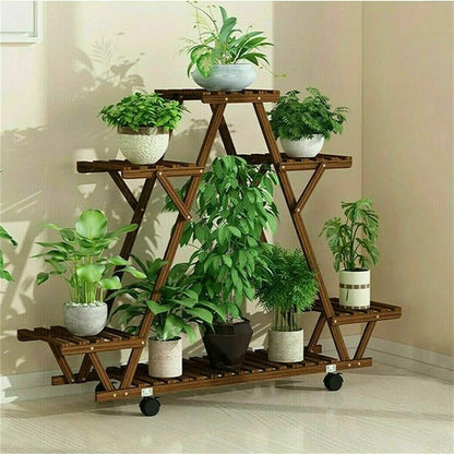 Indoor Outdoor Solid Wood Triangular Multi-Tier Plant Stand with Locking Wheels