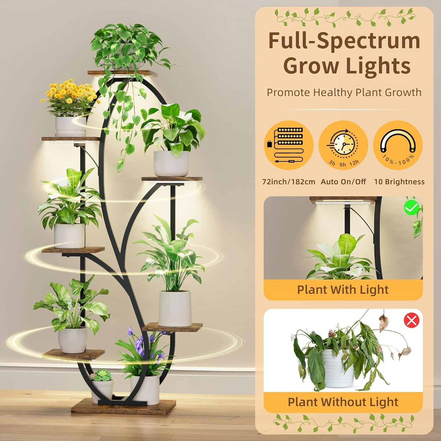 Modern 54-inch Tall Indoor Plant Stand Display Shelf with Grow Lights