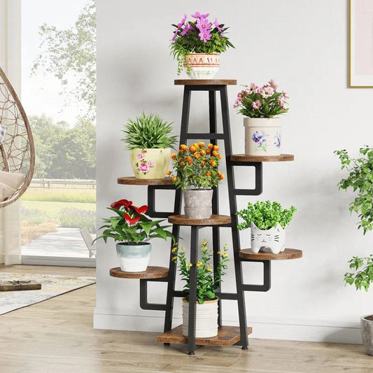 Modern Indoor Multi-Tier Plant Stand with Black Metal Frame and Wood Shelves