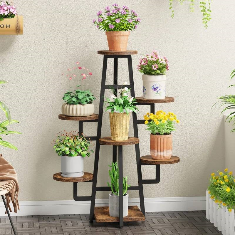 Modern Indoor Multi-Tier Plant Stand with Black Metal Frame and Wood Shelves