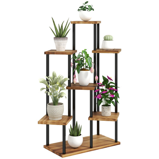 7 Tier Plant Stand Indoor Outdoor, Tiered Corner Steel Wood Plant Shelf for Multiple Plants, Tall Flower Stand Display Rack for Garden Patio Balcony Living Room, Carbonised Finish-0