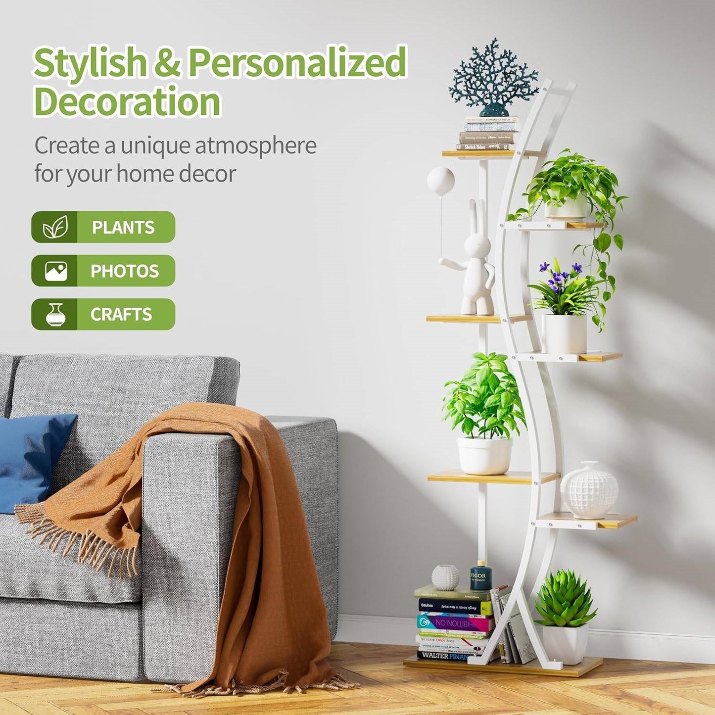 63-inch Tall Indoor Plant Stand with White Metal Frame and Wood Finish Shelves