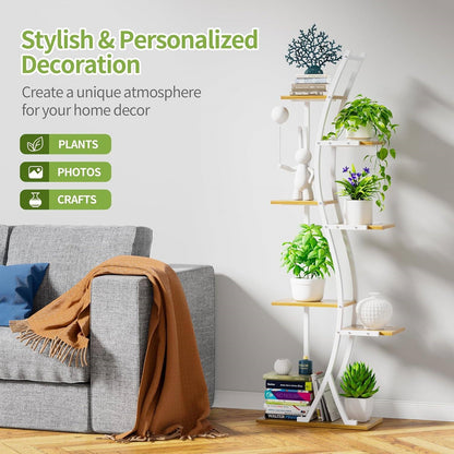 63-inch Tall Indoor Plant Stand with White Metal Frame and Wood Finish Shelves