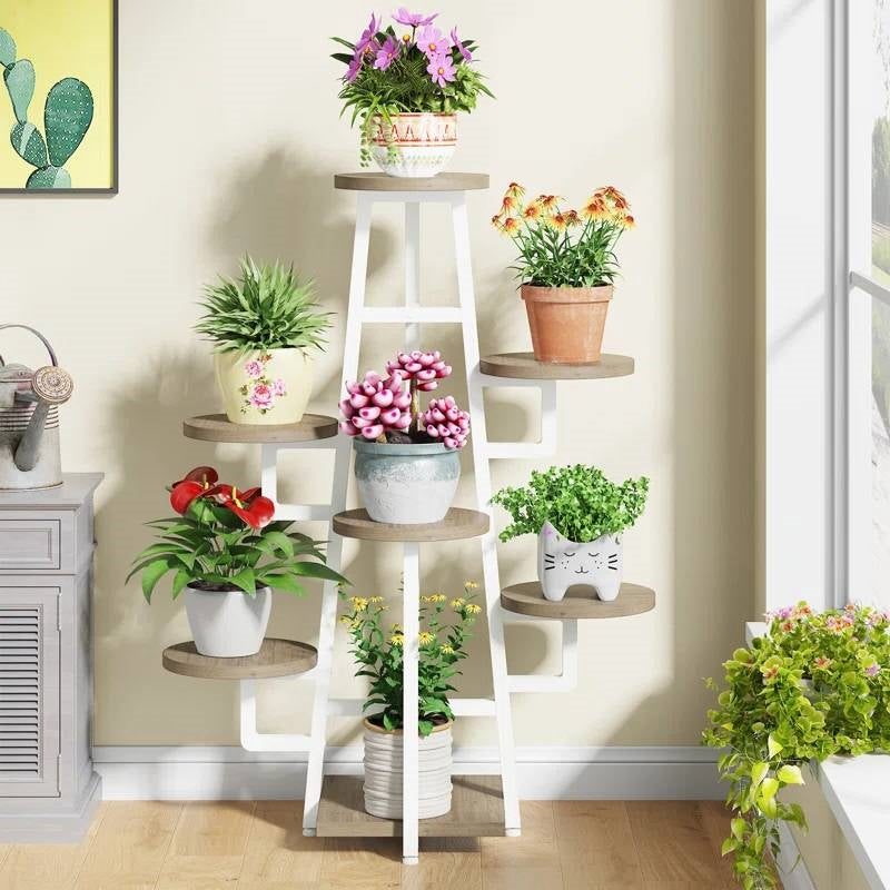 Modern Industrial Indoor Multi-Tier Plant Stand with White Metal Frame